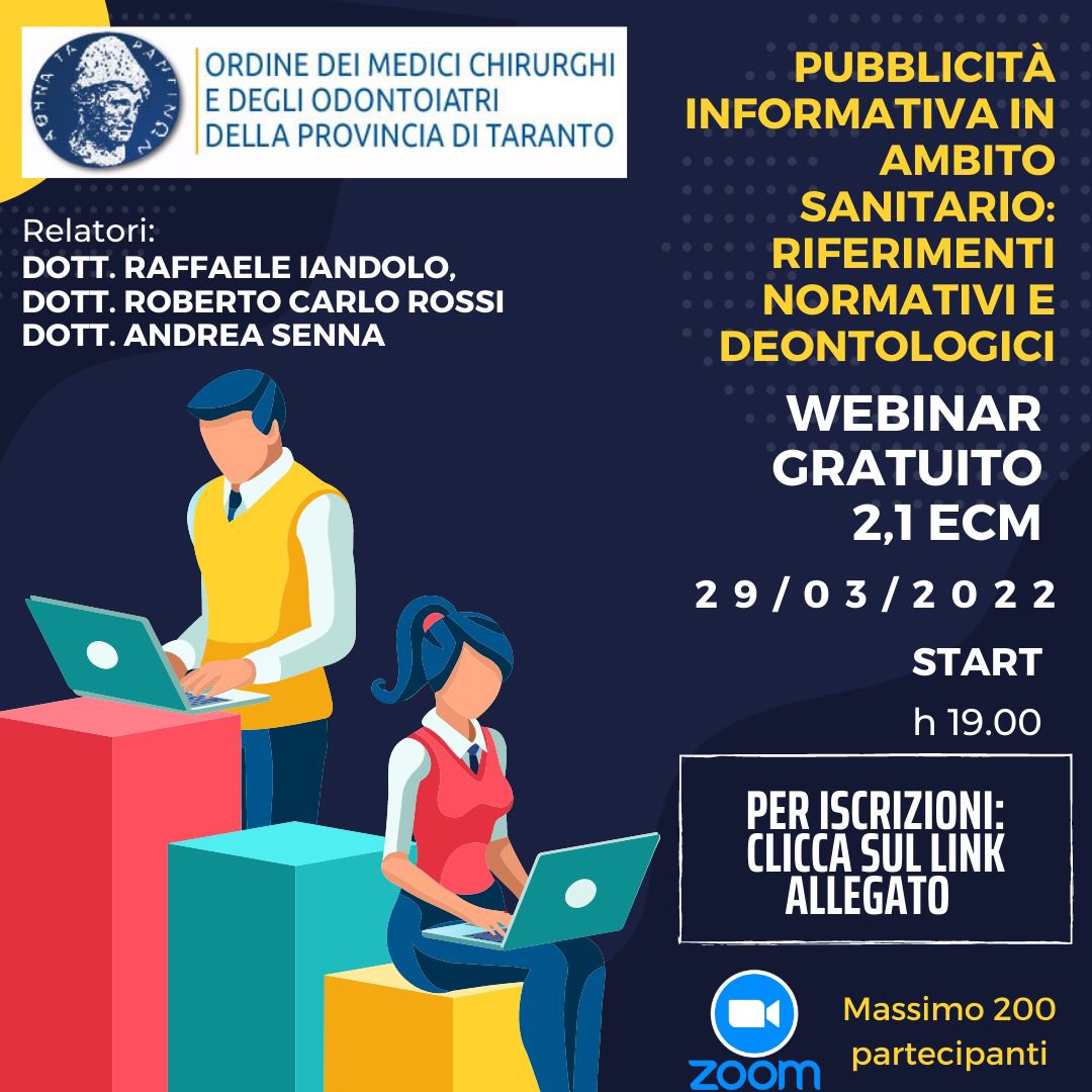 Clicca per accedere all'articolo WEBINAR 29/03/2022  -  PUBBLICITA' INFORMATIVA IN AMBITO SANITARIO: RIFERIMENTI NORMATIVI E DEONTOLOGICI